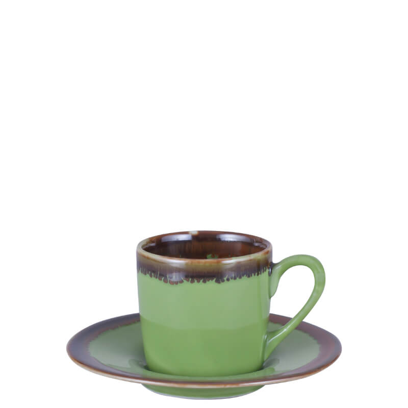 Espresso Cup & Saucer Green Glaze Reactive Rustic Lining Java